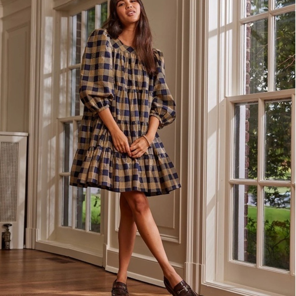 Summersalt NEW The Tiered Mini Dress in Buffalo Check in Midnight & Toffee